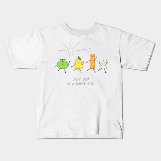 Body positive illustration with cartoon body types - an apple, a pear, a rectangle and an hourglass Kids T-Shirt